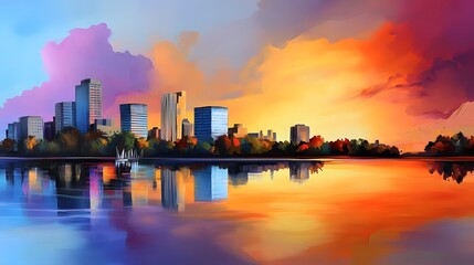 Obraz premium Vibrant City Skyline Reflected in Calm Water at Sunset Stunning urban landscape panorama