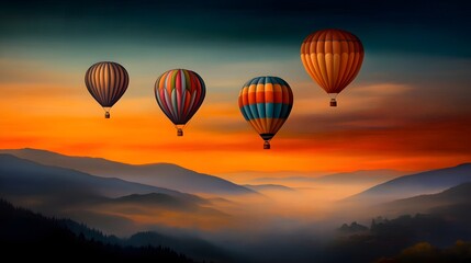 Obraz premium Colorful Hot Air Balloons Soaring Over Misty Mountain Landscape at Sunset