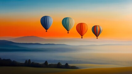 Obraz premium Four Colorful Hot Air Balloons Soaring Over Misty Mountain Landscape at Sunrise