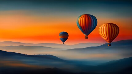 Scenic Sunrise Hot Air Balloons Soaring Over Misty Mountains