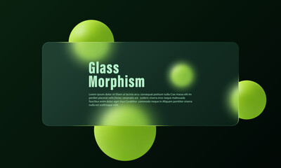 Dark gradient background and transparent matte panel with overlay effect on bright green colored spheres. Website landing page template in glass morphism style.