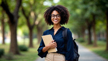 Fototapeta premium A young student with curly hair and glasses confidently holding a folder
