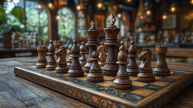 Wooden Chess Set On Ornate Board In Restaurant Setting