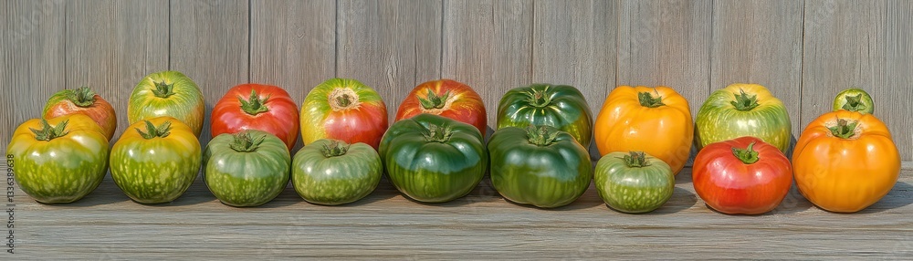 Poster a row of colorful tomatoes displayed on a wooden surface