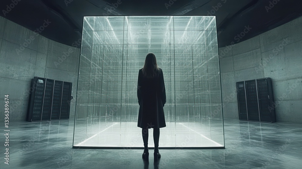 Poster a woman stands inside of a transparent rectangular structure
