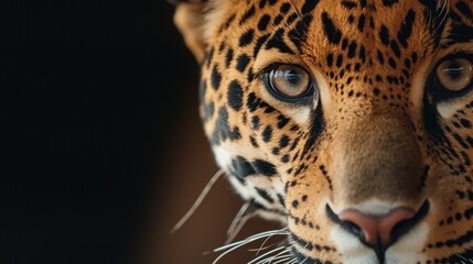 Fototapeta premium Close-up of a jaguar's face. the focus is on the eyes of the leopard, which are a deep brown color with black spots. the eyes are looking directly at the camera, with a serious expression.