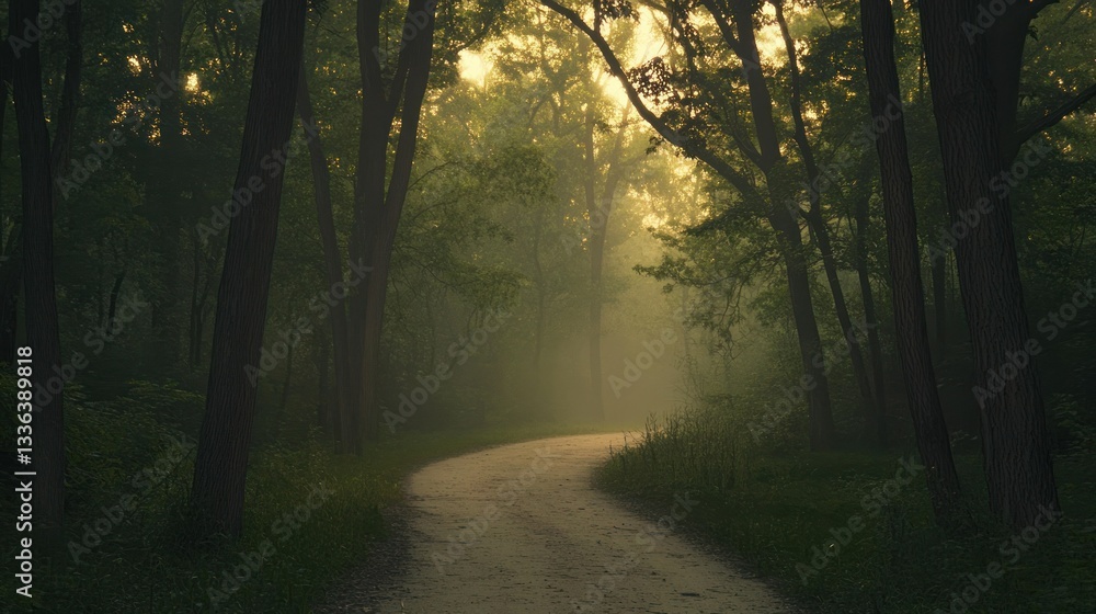 Poster a winding path through a mysterious forest shrouded in morning mist