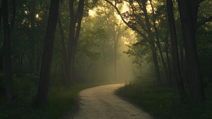 Fototapeta premium A winding path through a mysterious forest shrouded in morning mist