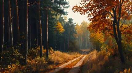 Obraz premium Autumnal Forest Path Sunlit Dirt Road Through Colorful Trees