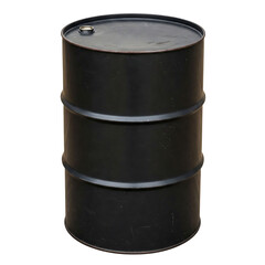 Black Oil Drum Stands Against A Stark Isolated on Transparent Background, Its Worn Surface Hinting...