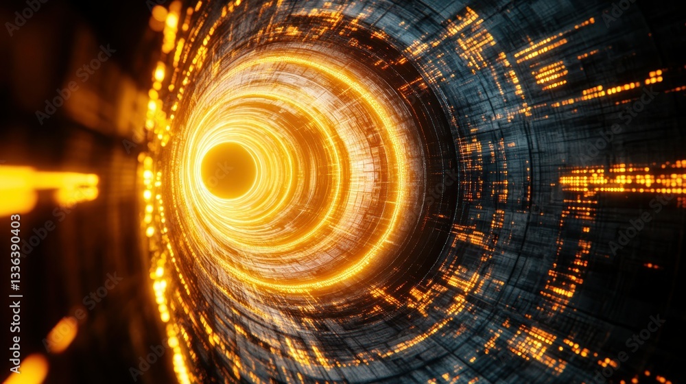 Poster a futuristic glowing tunnel illuminating with circular orange lights