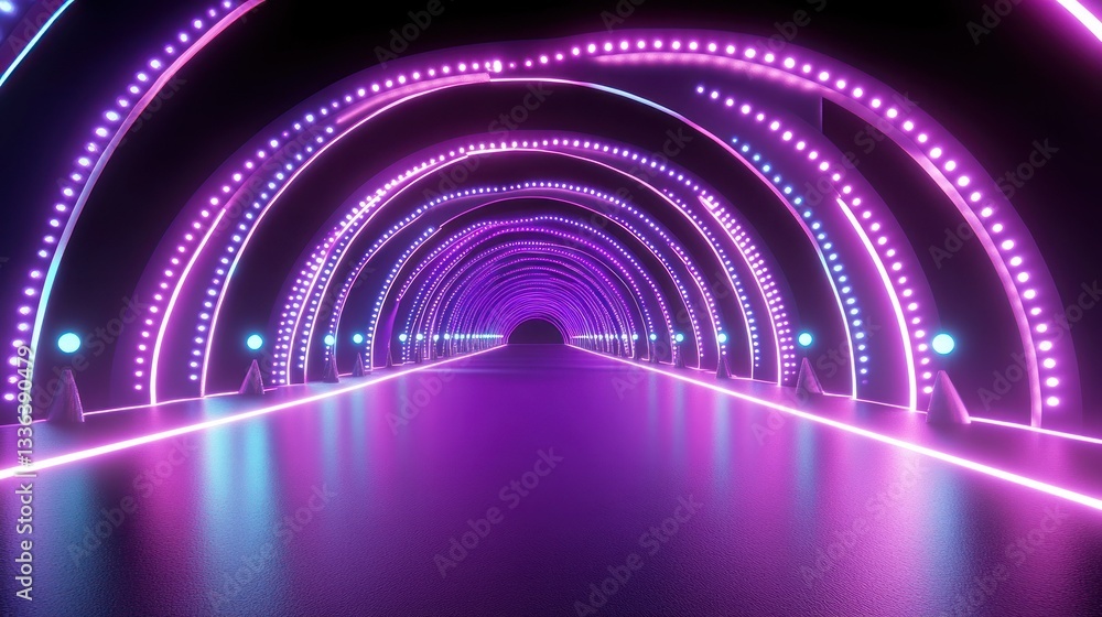 Poster An illuminated futuristic tunnel with symmetrical arched neon lighting