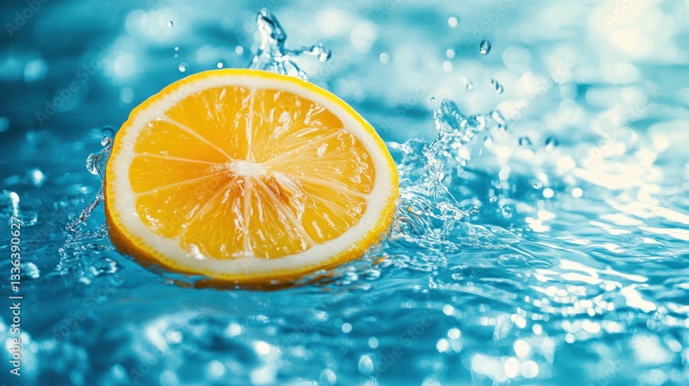 Poster A single lemon slice submerged in fresh blue water creating splashes