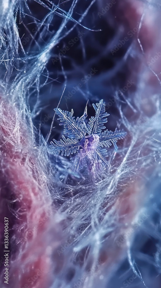 Poster A Delicate Snowflake Resting on a Soft Colorful Fabric