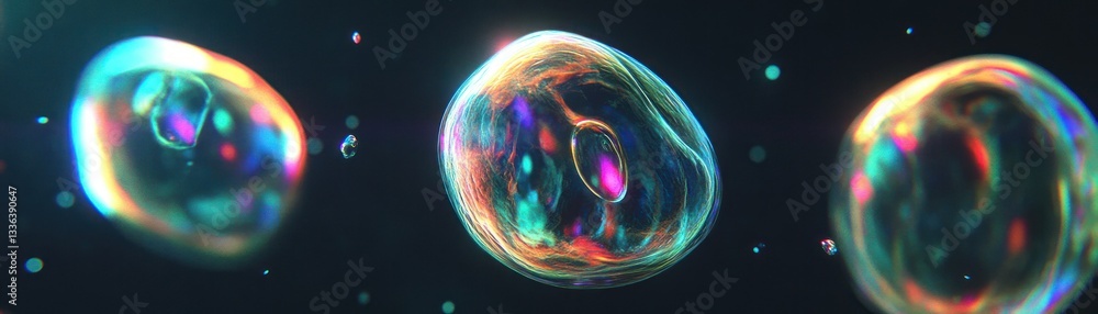 Poster three iridescent bubbles floating against a dark background are featured