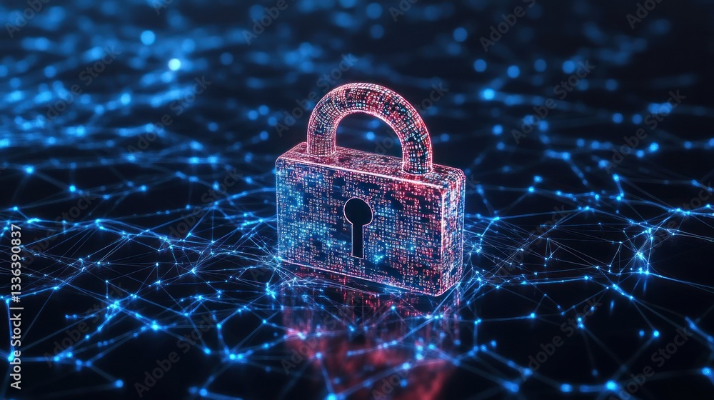 Poster digital padlock displayed over a network of blue glowing connections