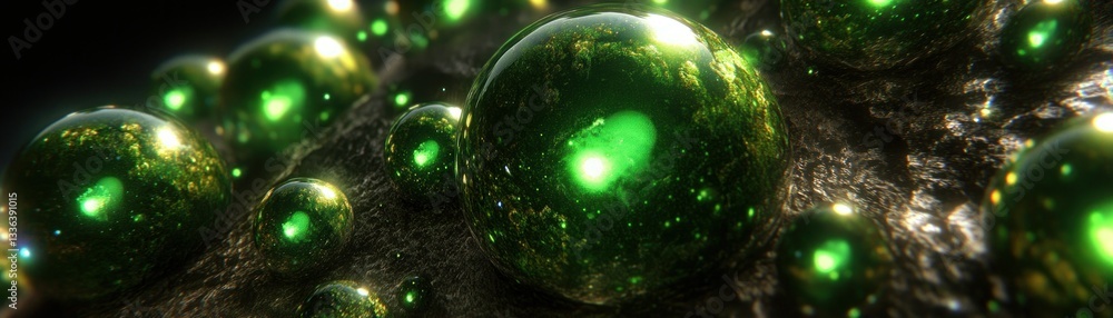 Aufkleber luminous green spheres are clustered on a rough textured surface