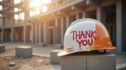 Orange and White Hard Hat with Thank You Message at Construction Site