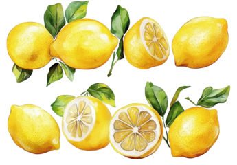 [Transparent Background PNG]Watercolor Illustration of Fresh Lemons with Leaves