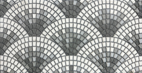 Close up of circle round shaped paving stone in arched or curved fan pattern, in monochrome black, white, and grey color. Suitable for pavement or sidewalk floor. Fan Shape paving stone seamless 