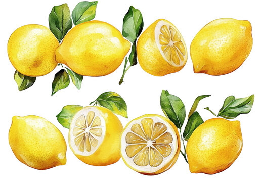 [Transparent Background PNG]Watercolor Illustration of Fresh Lemons with Leaves
