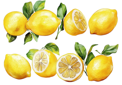 [Transparent Background PNG]Watercolor Illustration of Fresh Lemons with Leaves