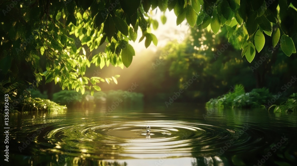 Poster sunlight streams through leaves reflecting on a calm water surface