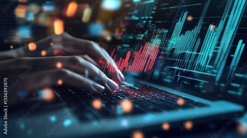 Poster person typing on laptop with data analysis graphics in background