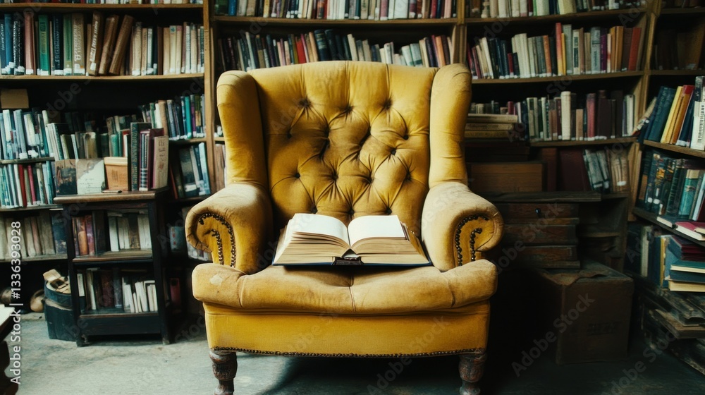 Poster a comfortable yellow armchair with an open book in a library