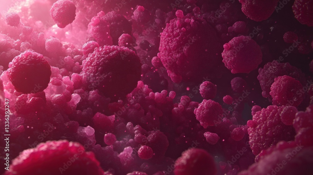Poster numerous pink and red cellular spheres are floating in a fluid space