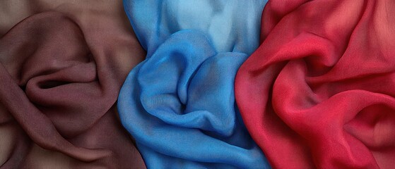 Three colored fabric pieces with soft folds and wavy textures