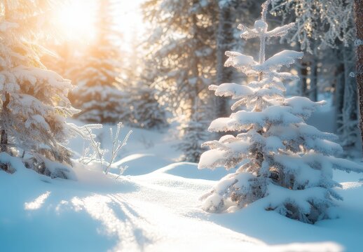 Serene winter landscape with sunlit snow-covered trees in a tranquil forest setting.