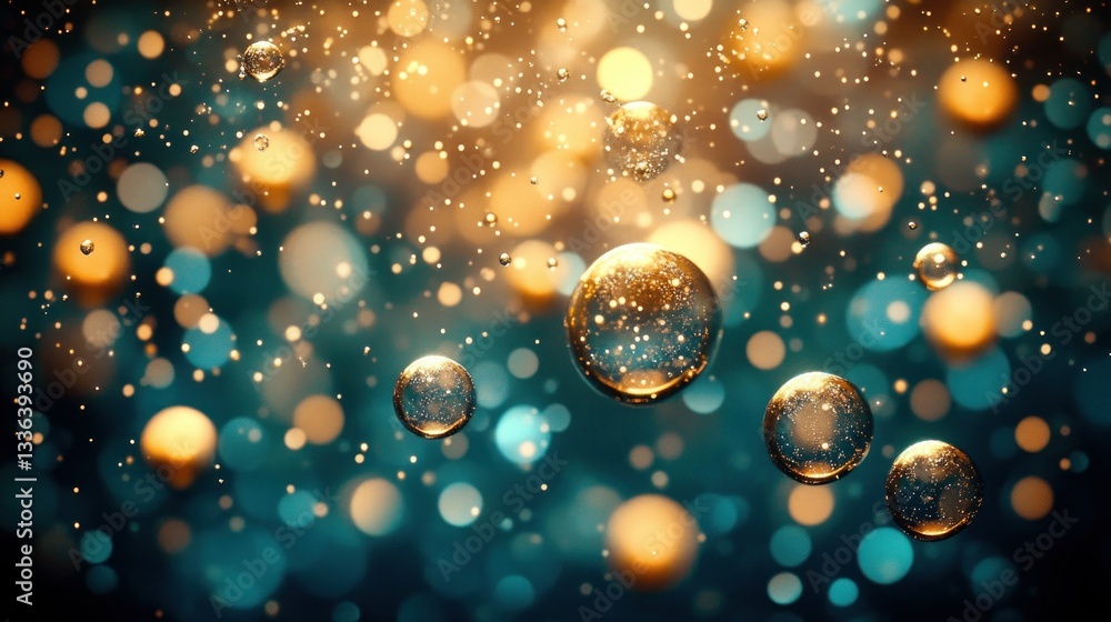 Poster Glowing bubbles and bokeh dots float in a vibrant teal backdrop