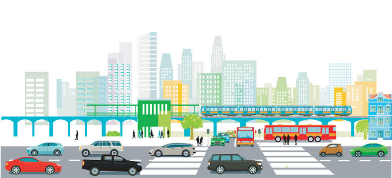 st&auml;dtische Stra&szlig;e mit Strassenverkehr und Hochbahn und Fussg&ouml;nger , Illustration..eps