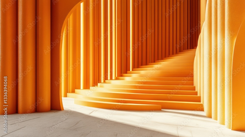 Poster Bright orange colored staircase leading up through open architecture structure