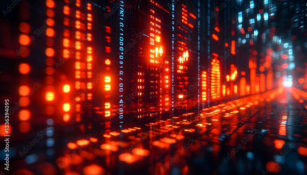 Poster abstract digital data stream visualization. glowing lines of code and symbols create a futuristic, t