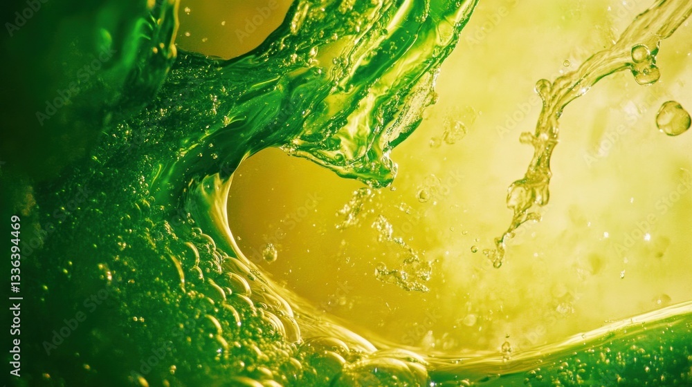 Poster green liquid splashing creating a beautiful wave shape on yellow
