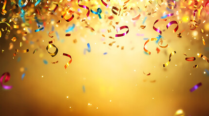 A festive and colorful party with flying neon confetti on a golden background