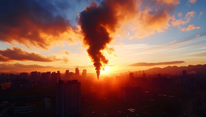 Dramatic sunset cityscape with industrial smoke plume