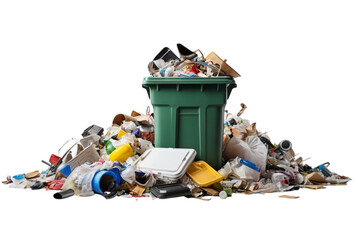 Overflowing trash can filled with various discarded items spilling onto ground