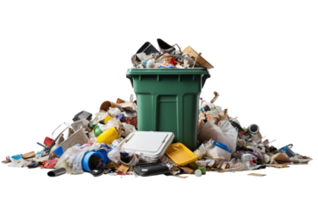 Overflowing trash can filled with various discarded items spilling onto ground