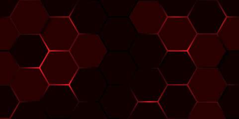 Sci-Fi Inspired Dark Hexagon Background with Red Glow. Technology-Inspired Red Hexagonal Digital Pattern. Hexagon. Vector. 
