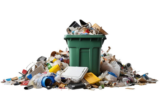 Overflowing trash can filled with various discarded items spilling onto ground