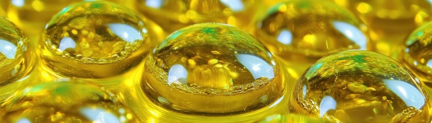 Capsules in a close up view with a yellow liquid substance