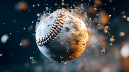 Dusty baseball exploding with debris; dramatic, high-impact action shot