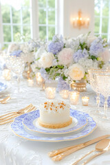 Elegant dessert on a pastel blue and gold place setting, beside a floral centerpiece