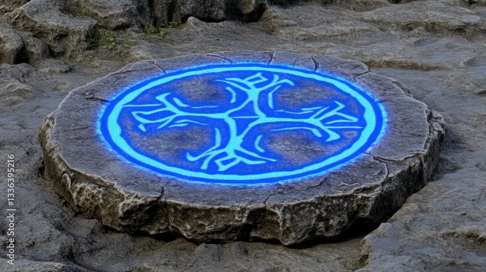 Poster an illuminated stone circle displaying a glowing blue magical symbol