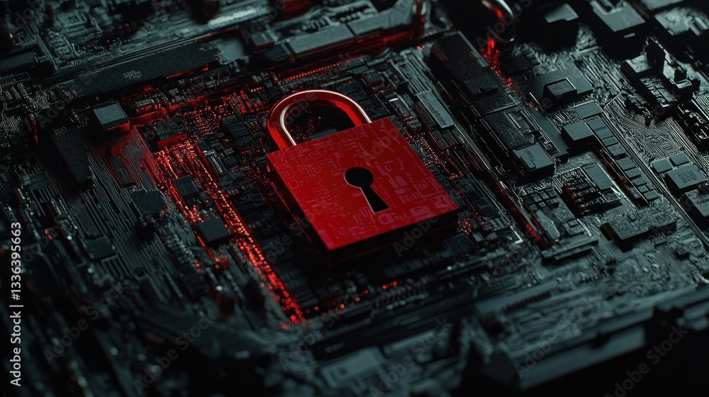 Poster a red padlock rests upon a technological circuit board design