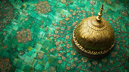 Ornate golden dome atop intricate green patterned surface, showcasing cultural artistry.