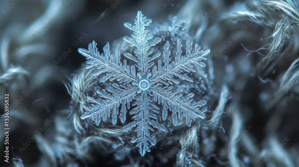 Poster A delicate snowflake with intricate detail resting on fibers